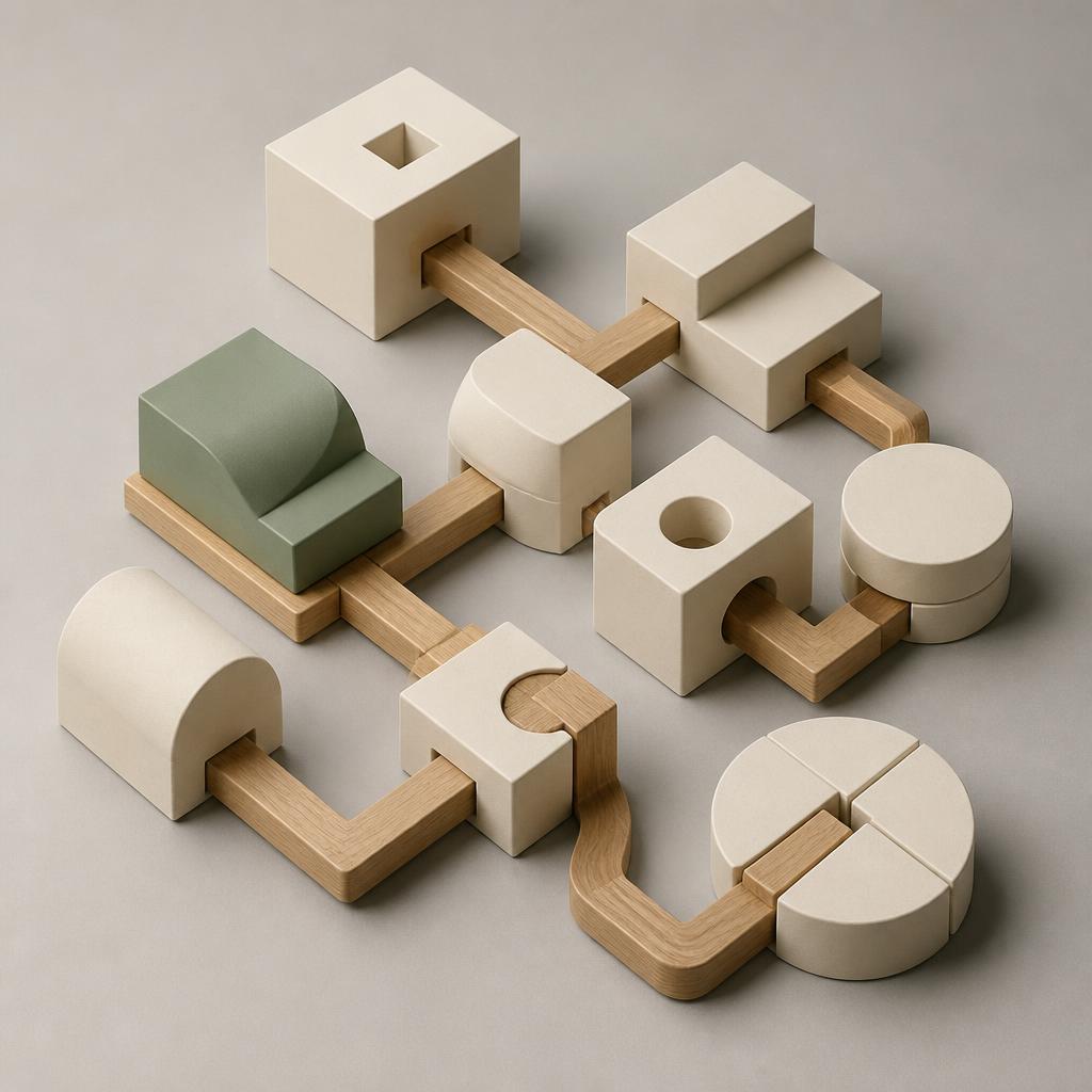 Stylized 3D sculpture representing connected business operations and workflows